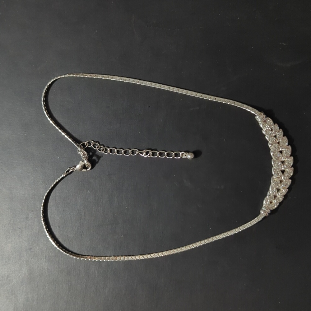 Silver Tone Clear Rhinestone Feather Leaf Statement Necklace